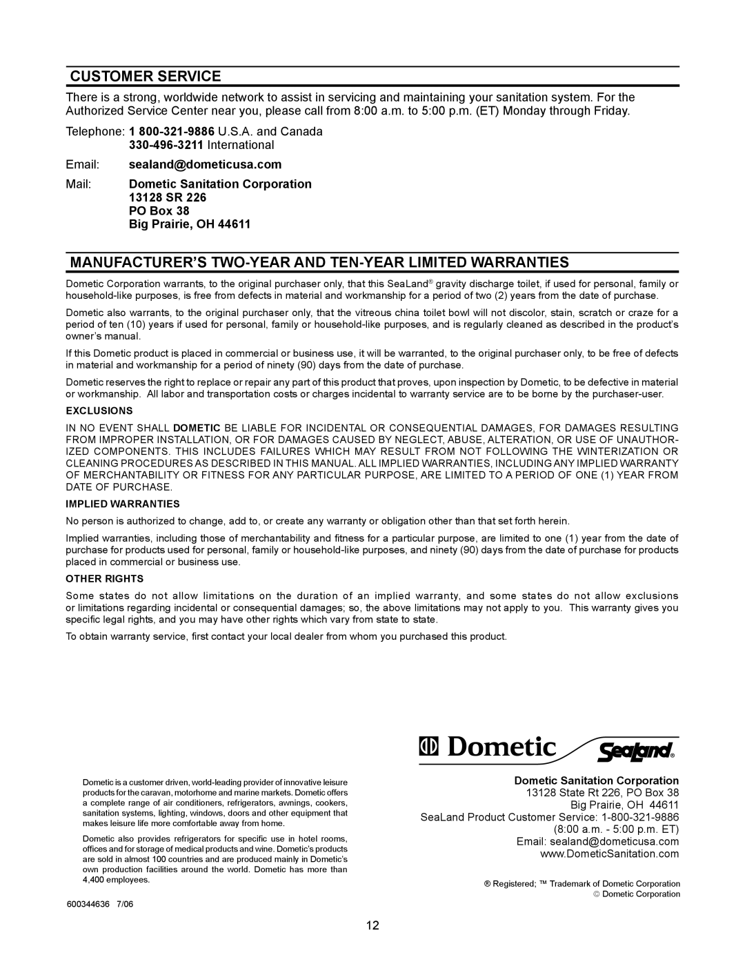 Dometic 3200 Series owner manual Customer Service, Manufacturer’s Two-Year and Ten-Year Limited Warranties 