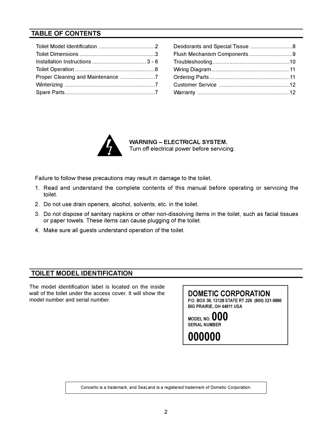 Dometic 3200 Series owner manual Table of Contents, Toilet Model Identification 