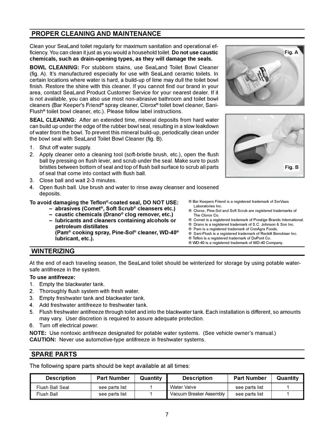 Dometic 3200 Series owner manual Proper Cleaning and Maintenance, Winterizing, Spare Parts, To use antifreeze 