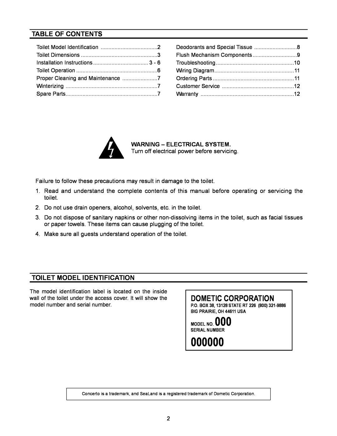 Dometic 3200 Series owner manual Table of Contents, Toilet Model Identification, 000000, Dometic Corporation 