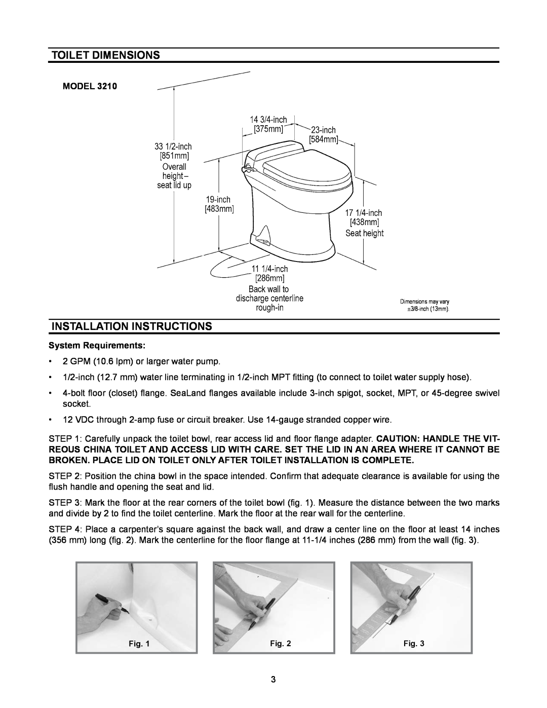 Dometic 3200 Series owner manual Toilet Dimensions, Installation Instructions, Model, System Requirements 