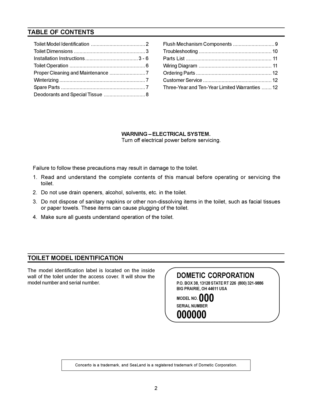 Dometic 3210 manual Table of Contents, Toilet Model Identification 