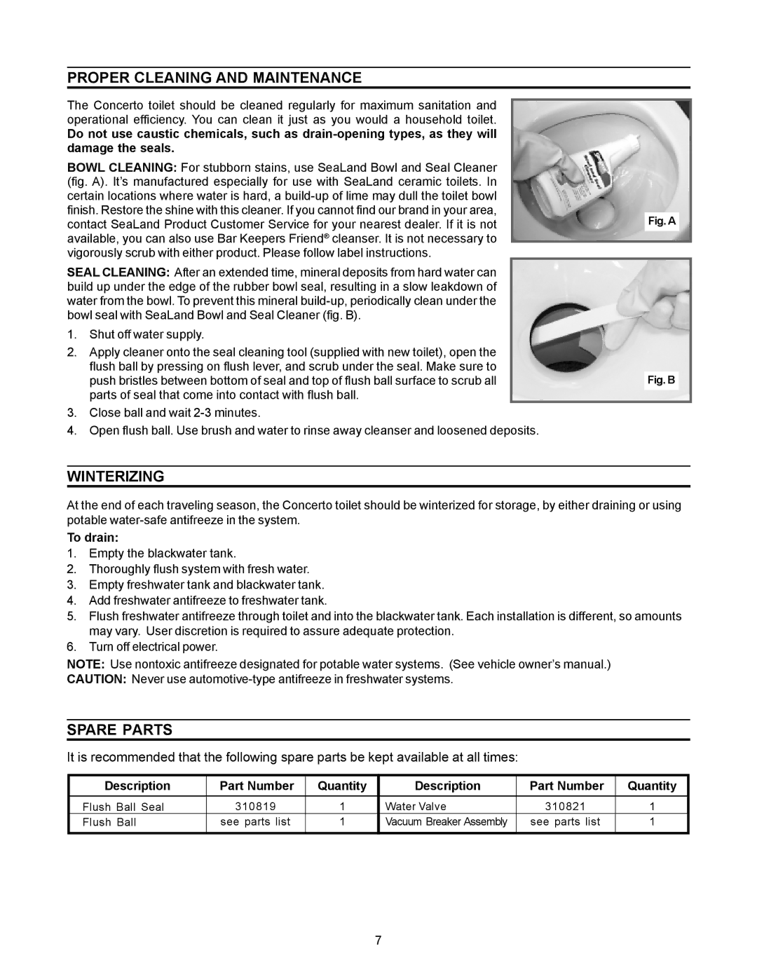 Dometic 3210 manual Proper Cleaning and Maintenance, Winterizing, Spare Parts, To drain, Description Part Number Quantity 