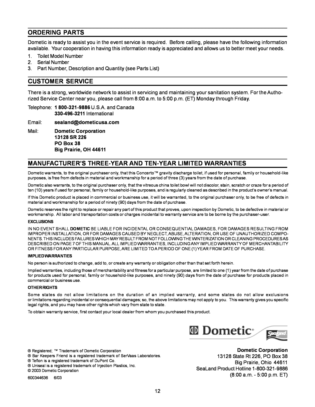 Dometic 3210 manual Ordering Parts, Customer Service, Mail Dometic Corporation 13128 SR PO Box, Big Prairie, OH 