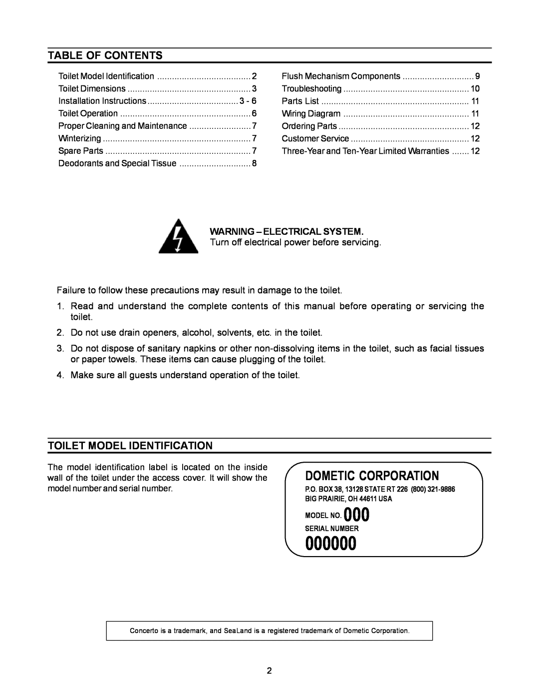 Dometic 3210 Table Of Contents, Toilet Model Identification, 000000, Dometic Corporation, Warning - Electrical System 