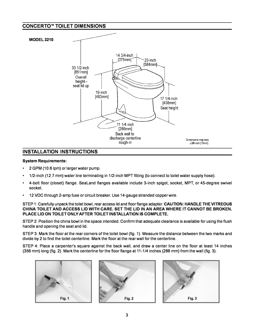 Dometic 3210 manual Concertotm Toilet Dimensions, Installation Instructions, Model, System Requirements 