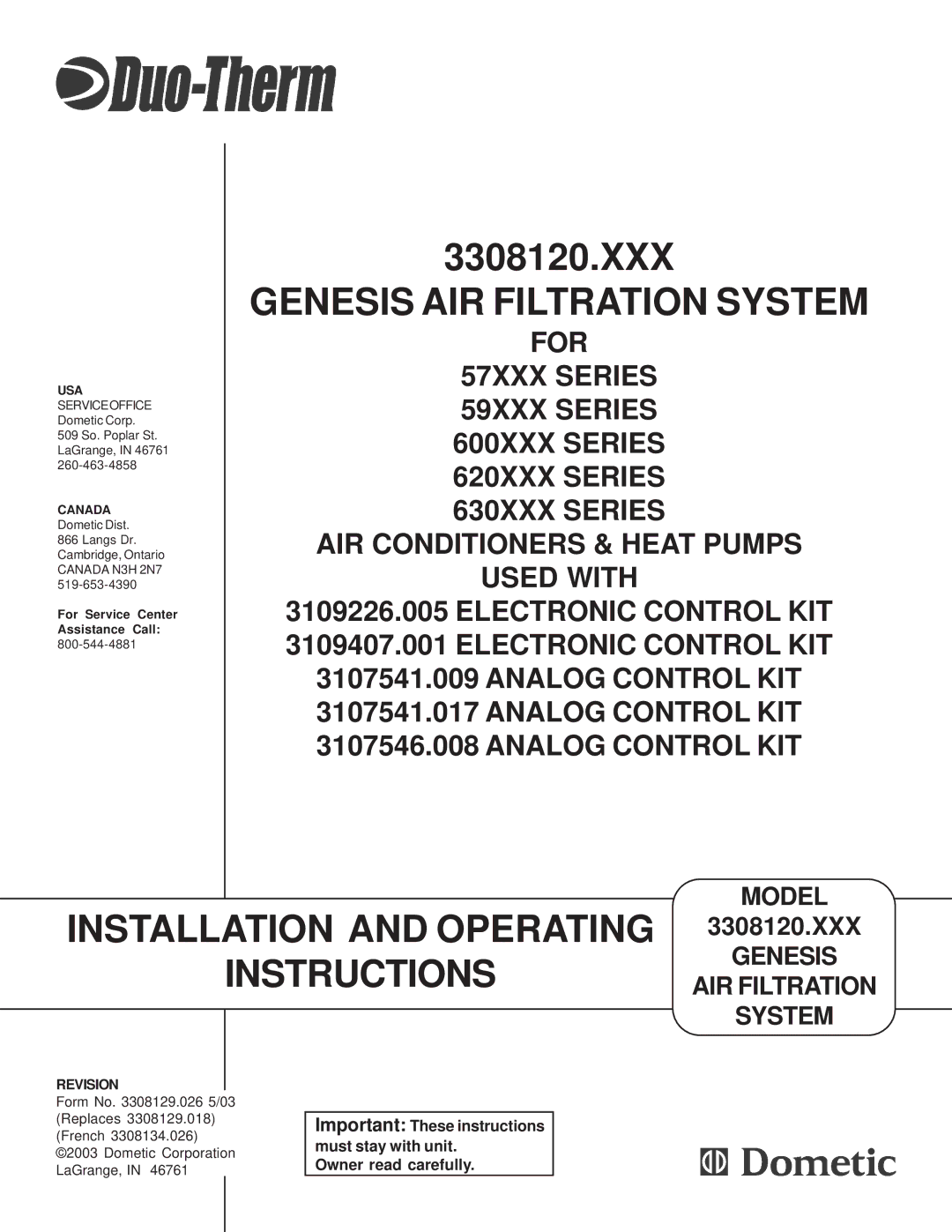 Dometic 3308120.XXX operating instructions Installation and Operating, XXX Genesis AIR Filtration System 