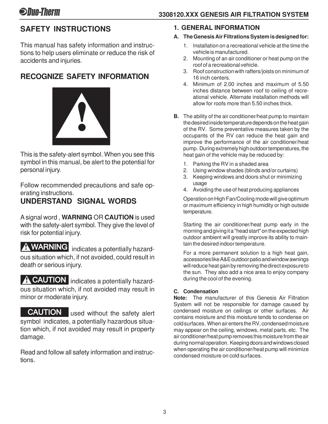 Dometic 3308120.XXX Safety Instructions, Recognize Safety Information, Understand Signal Words, General Information 