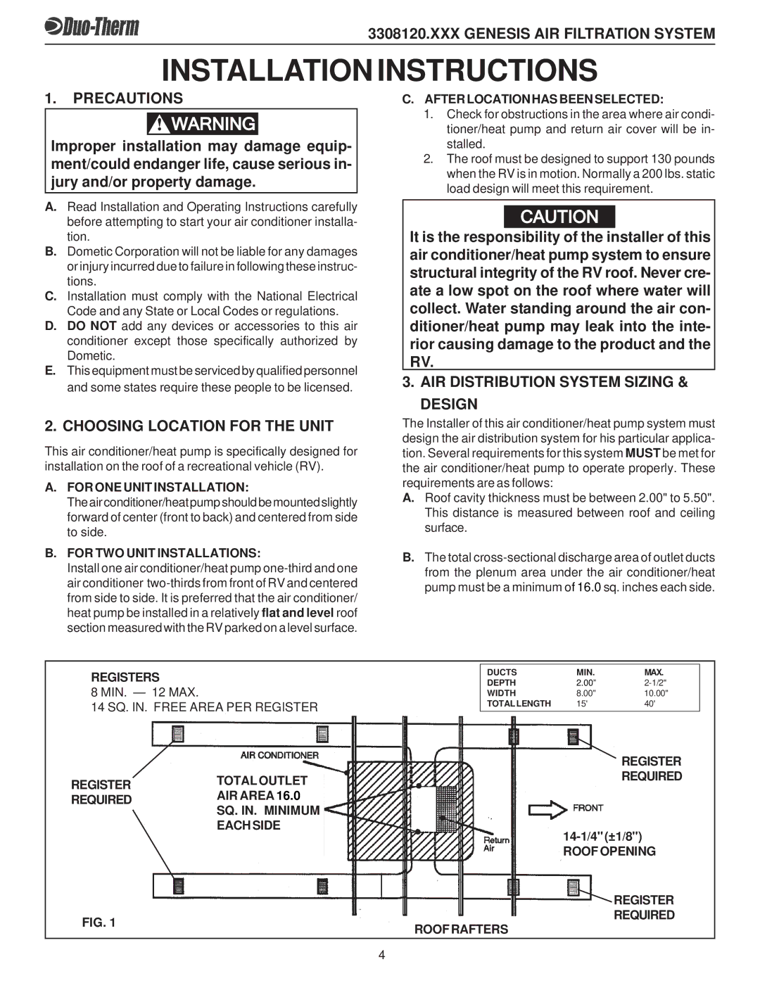 Dometic 3308120.XXX operating instructions Installation Instructions, Precautions, Choosing Location for the Unit 