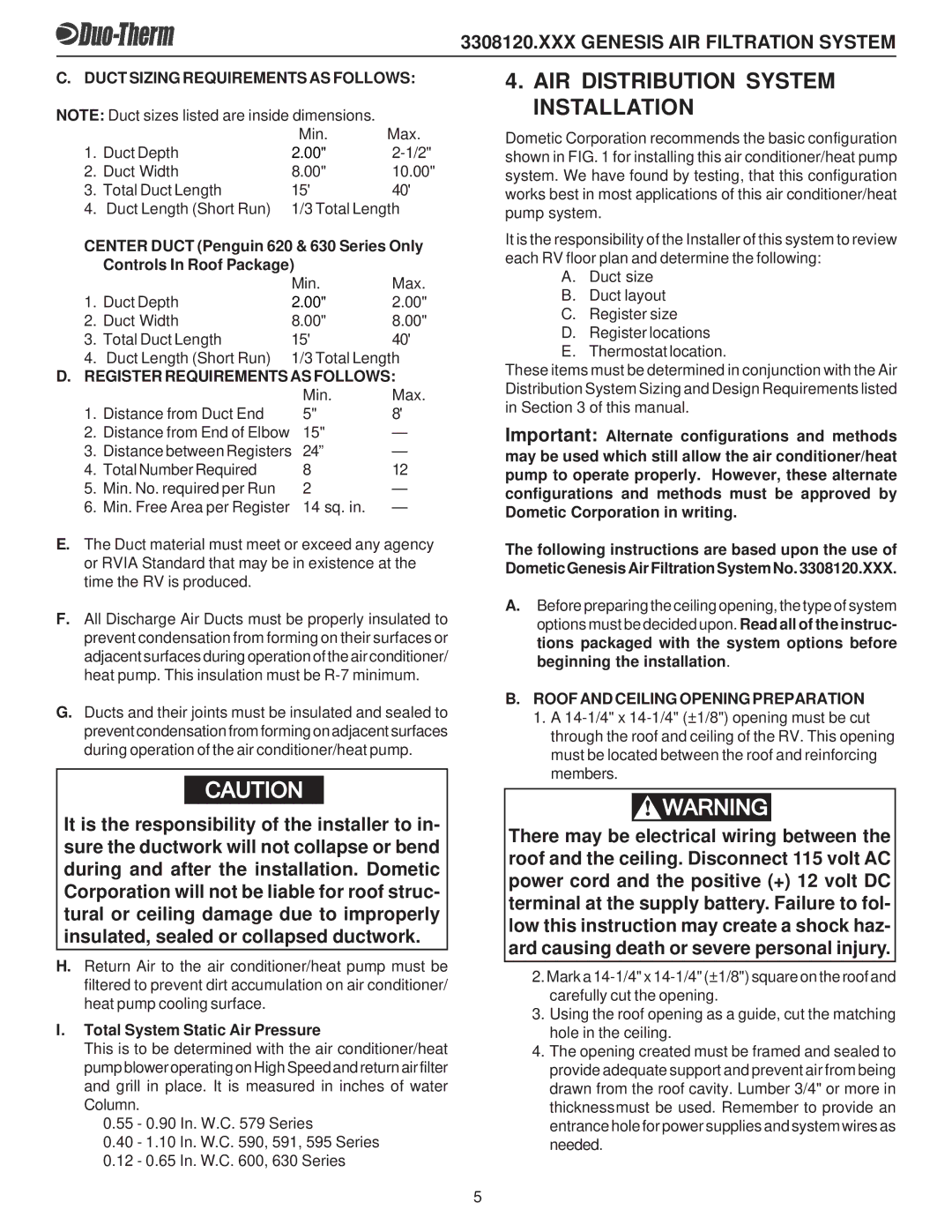 Dometic 3308120.XXX operating instructions AIR Distribution System Installation, Duct Sizing Requirements AS Follows 