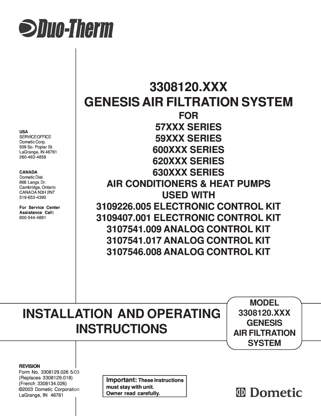 Dometic 3308120.XXX operating instructions Installation And Operating, Xxx Genesis Air Filtration System, 57XXX SERIES 
