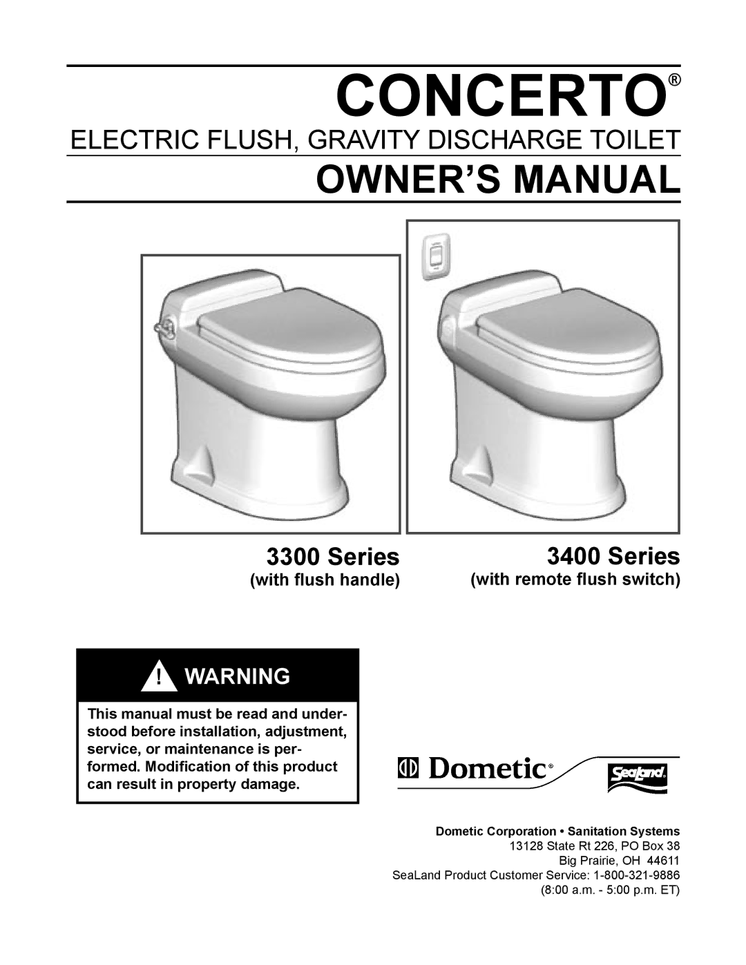 Dometic 3300, 3400 owner manual Concerto, Dometic Corporation Sanitation Systems 