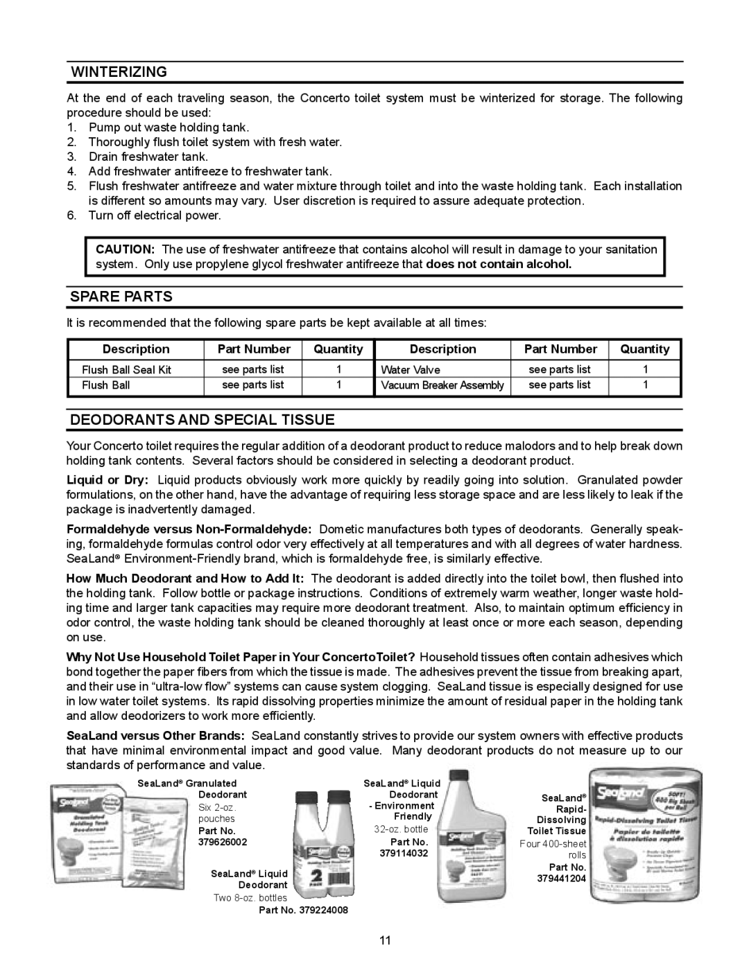 Dometic 3300, 3400 owner manual Winterizing, Spare Parts, Deodorants and Special Tissue, Description Part Number Quantity 