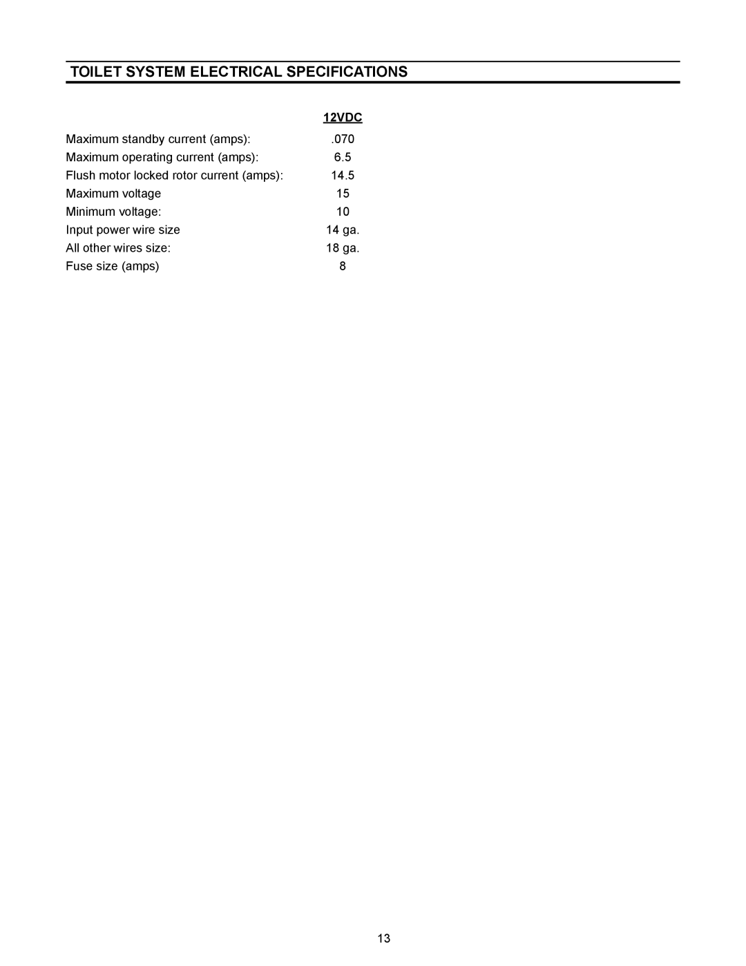 Dometic 3300, 3400 owner manual Toilet System Electrical Specifications, 12VDC 