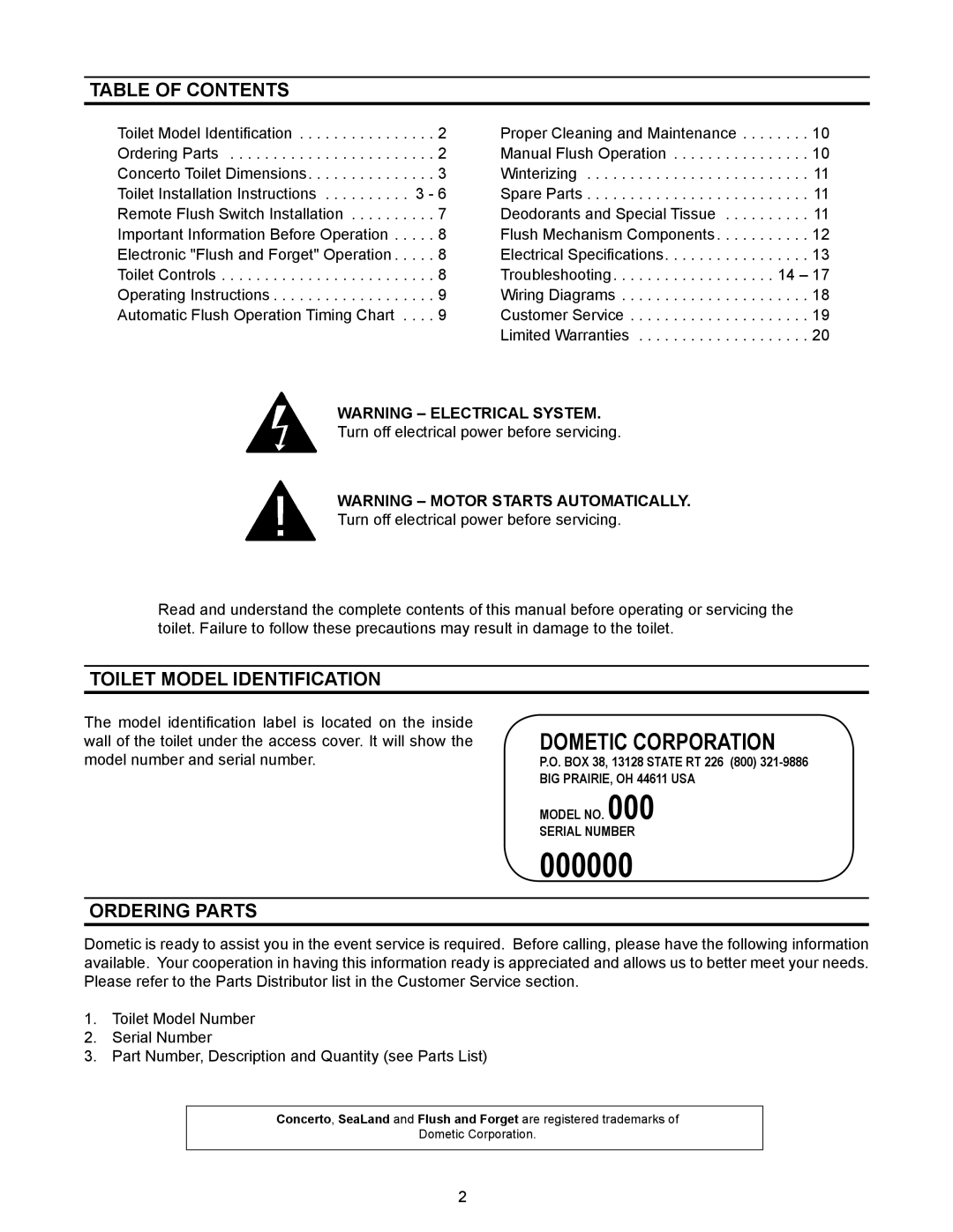 Dometic 3400, 3300 owner manual Table of Contents, Toilet Model Identification, Ordering Parts 