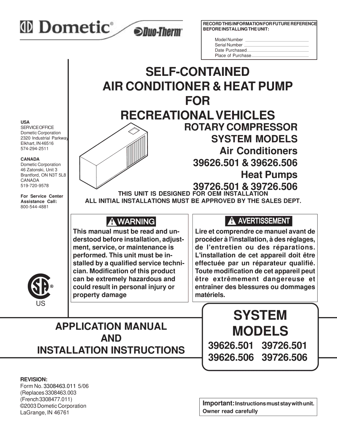 Dometic 39626.501, 39726.506, 39726.501, 39626.506 installation instructions Installation Instructions, Revision 