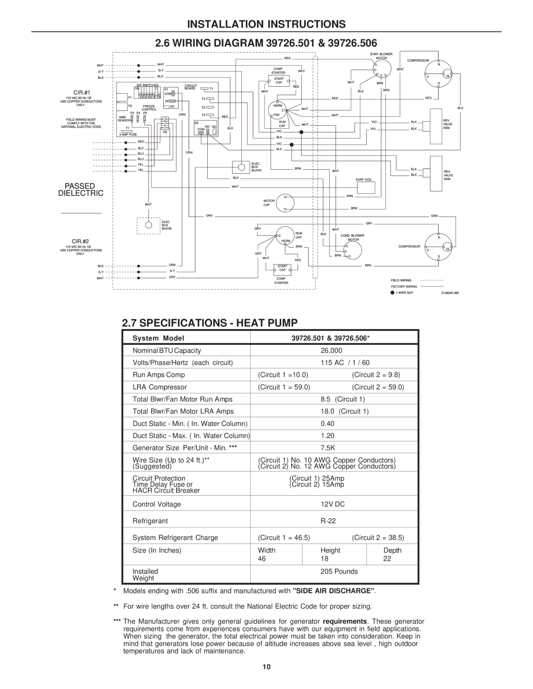 Dometic 39726.501, 39726.506, 39626.501, 39626.506 installation instructions Specifications Heat Pump, Passed Dielectric 