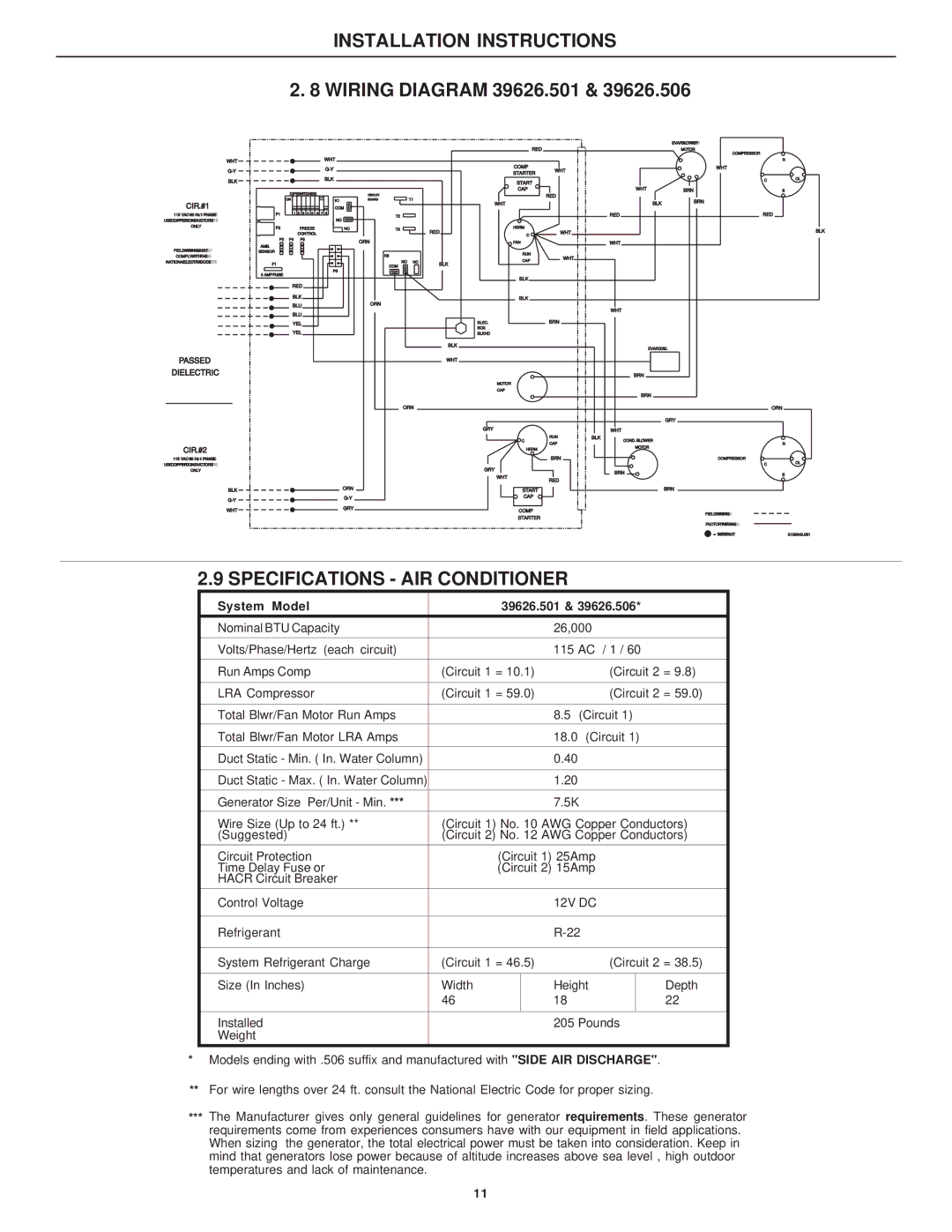 Dometic 39626.506, 39726.506, 39626.501, 39726.501 installation instructions Specifications AIR Conditioner, CIR.#1 