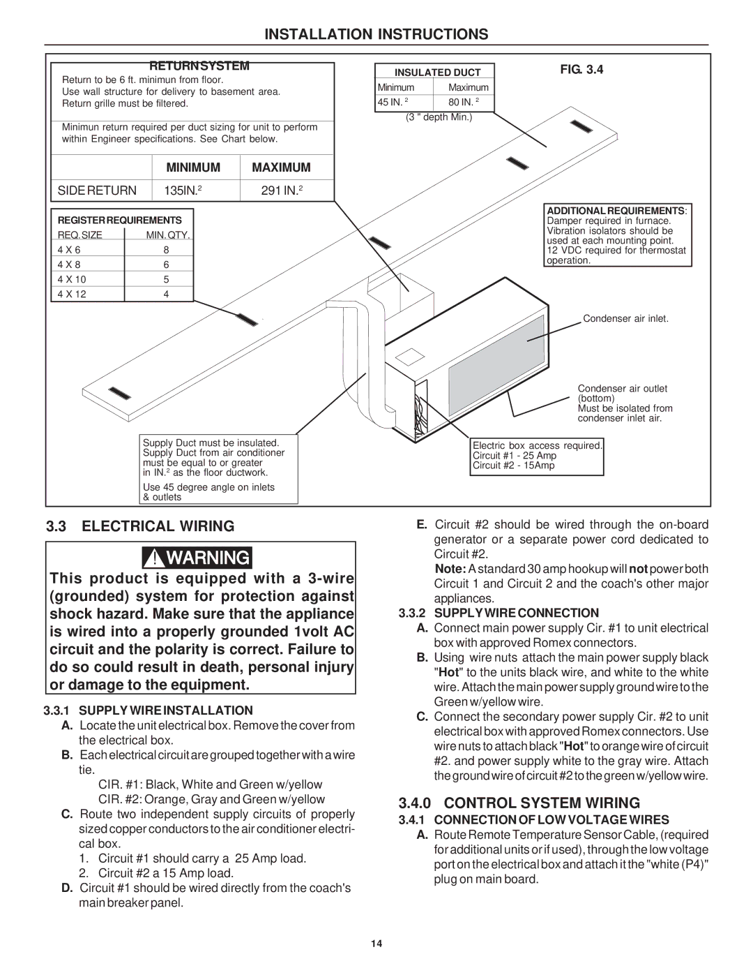 Dometic 39726.501, 39726.506, 39626.501 Return System, Minimum Maximum, Supply Wire Installation, Supply Wire Connection 