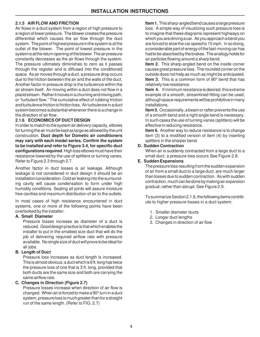 Dometic 39626.501, 39726.506, 39726.501, 39626.506 installation instructions AIR Flow and Friction, Economics of Duct Design 