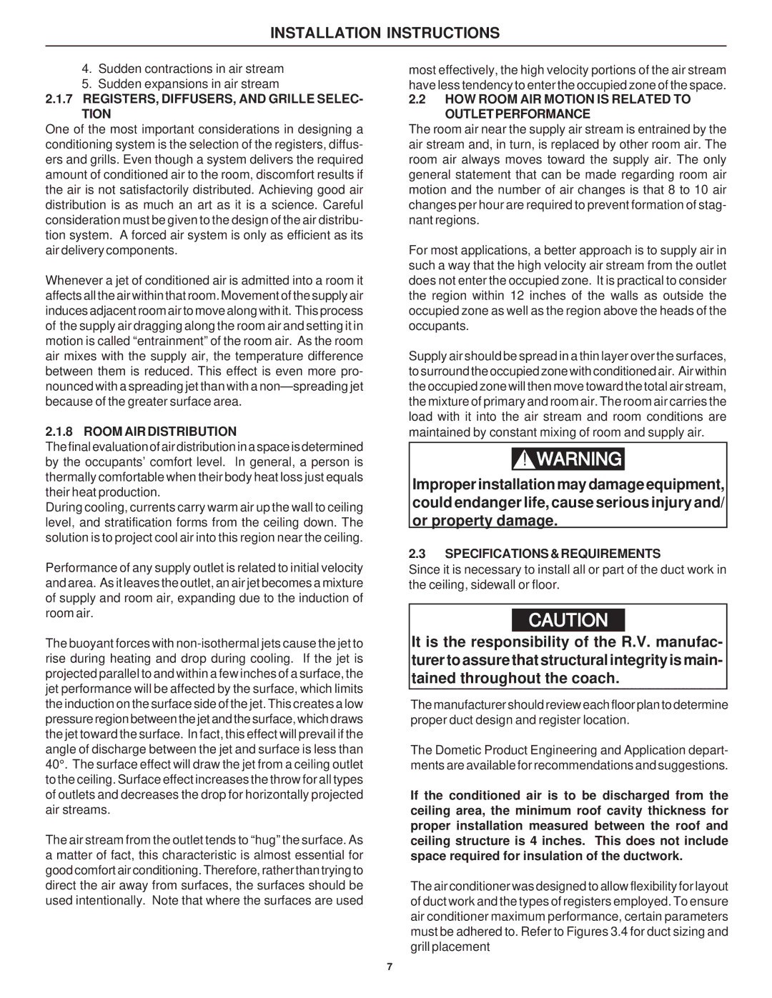 Dometic 39626.506 REGISTERS, DIFFUSERS, and Grille SELEC- Tion, Room AIR Distribution, Specifications & Requirements 