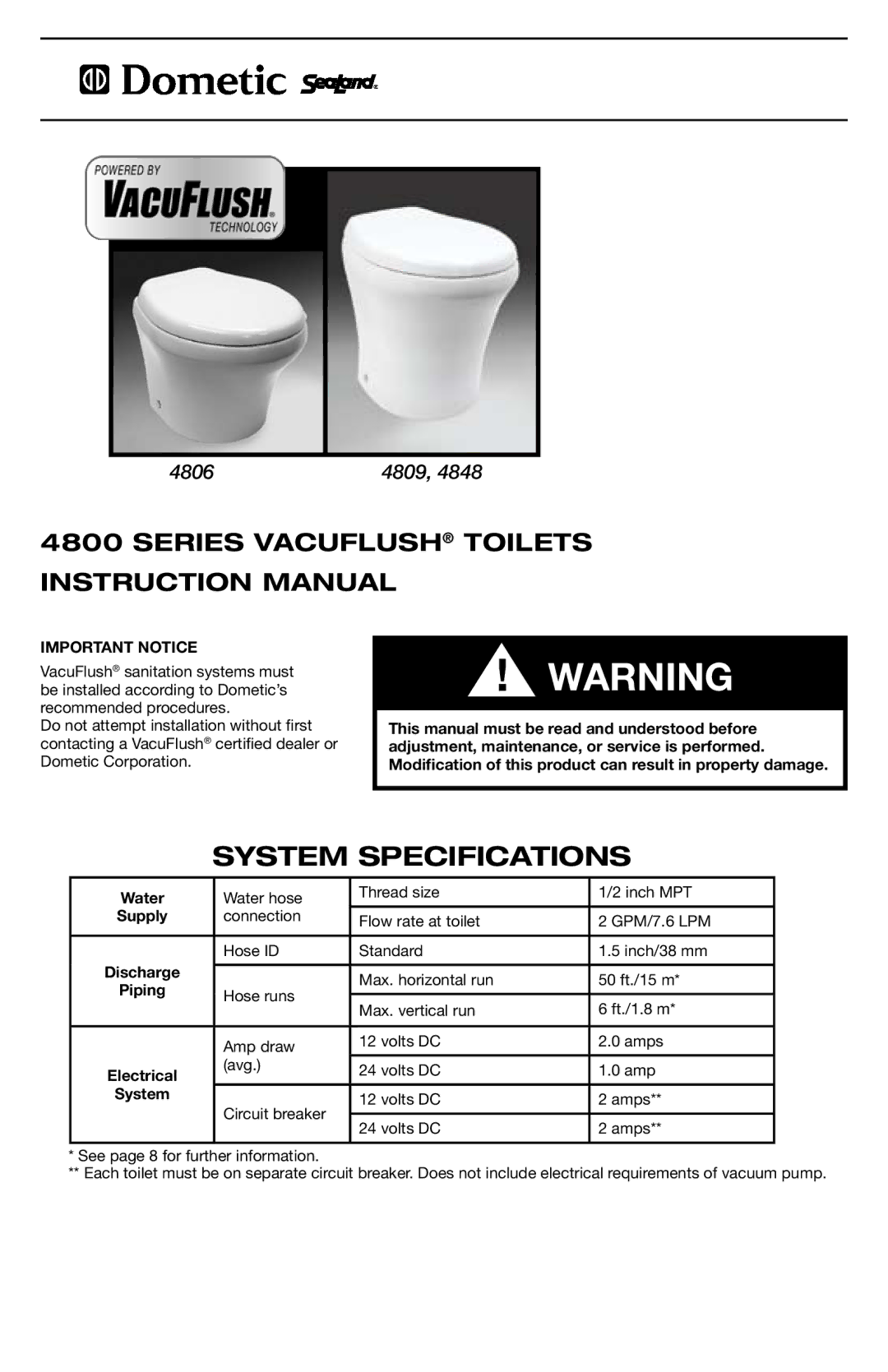 Dometic 4806, 4809, 4848 specifications System Specifications, Water, Supply 