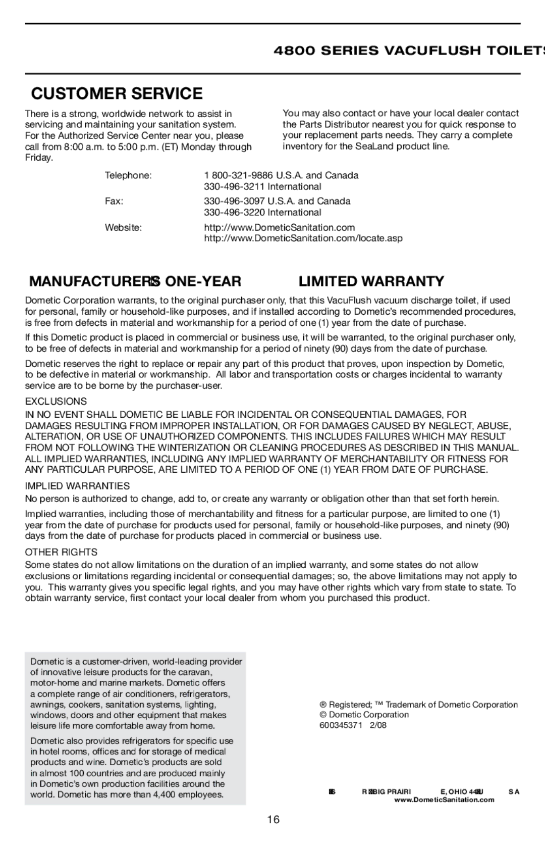 Dometic 4806, 4809, 4848 specifications Customer Service, Manufacturer’s one-Year Limited Warranty 