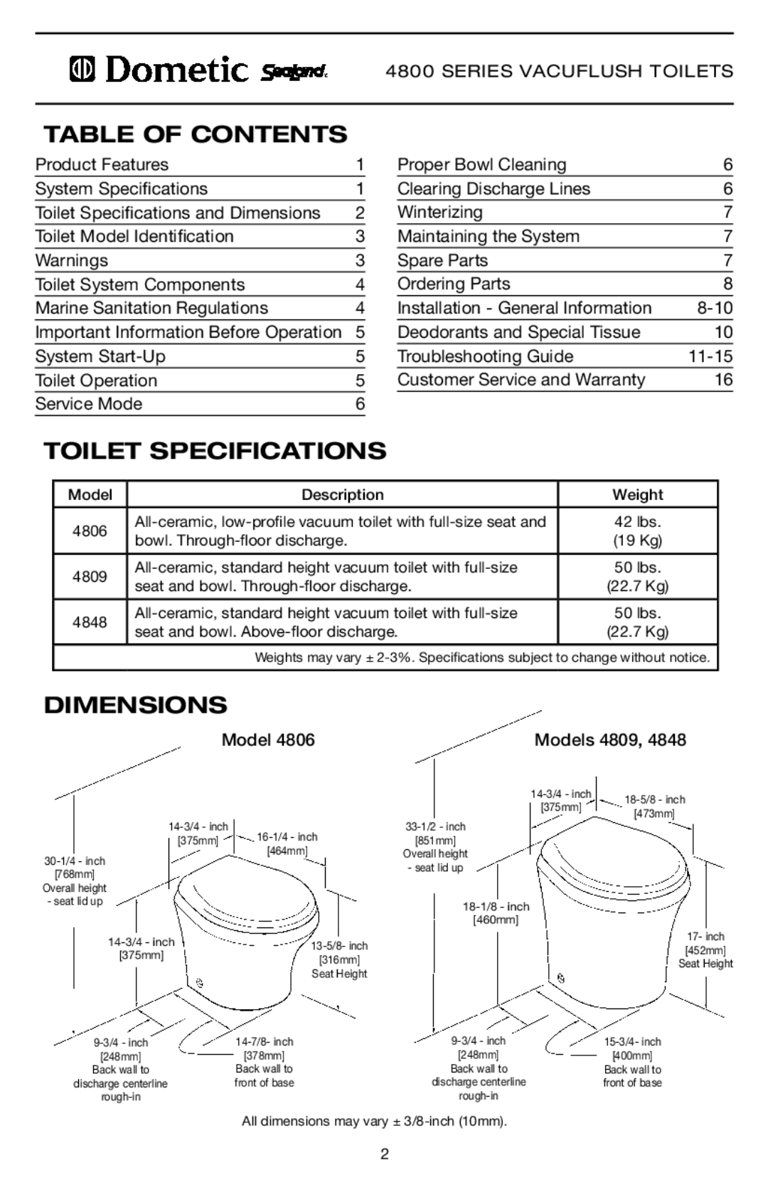 Dometic 4848, 4809, 4806 specifications Table of Contents, Toilet Specifications, Dimensions 