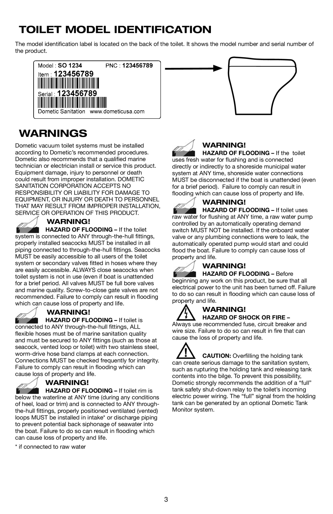 Dometic 4809, 4806, 4848 specifications Toilet Model Identification 