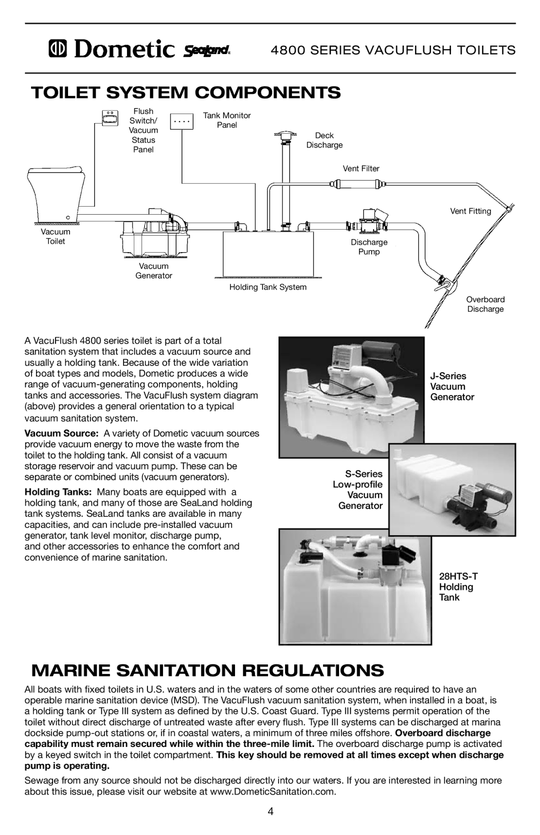 Dometic 4806, 4809, 4848 specifications Toilet System Components, Marine Sanitation Regulations 