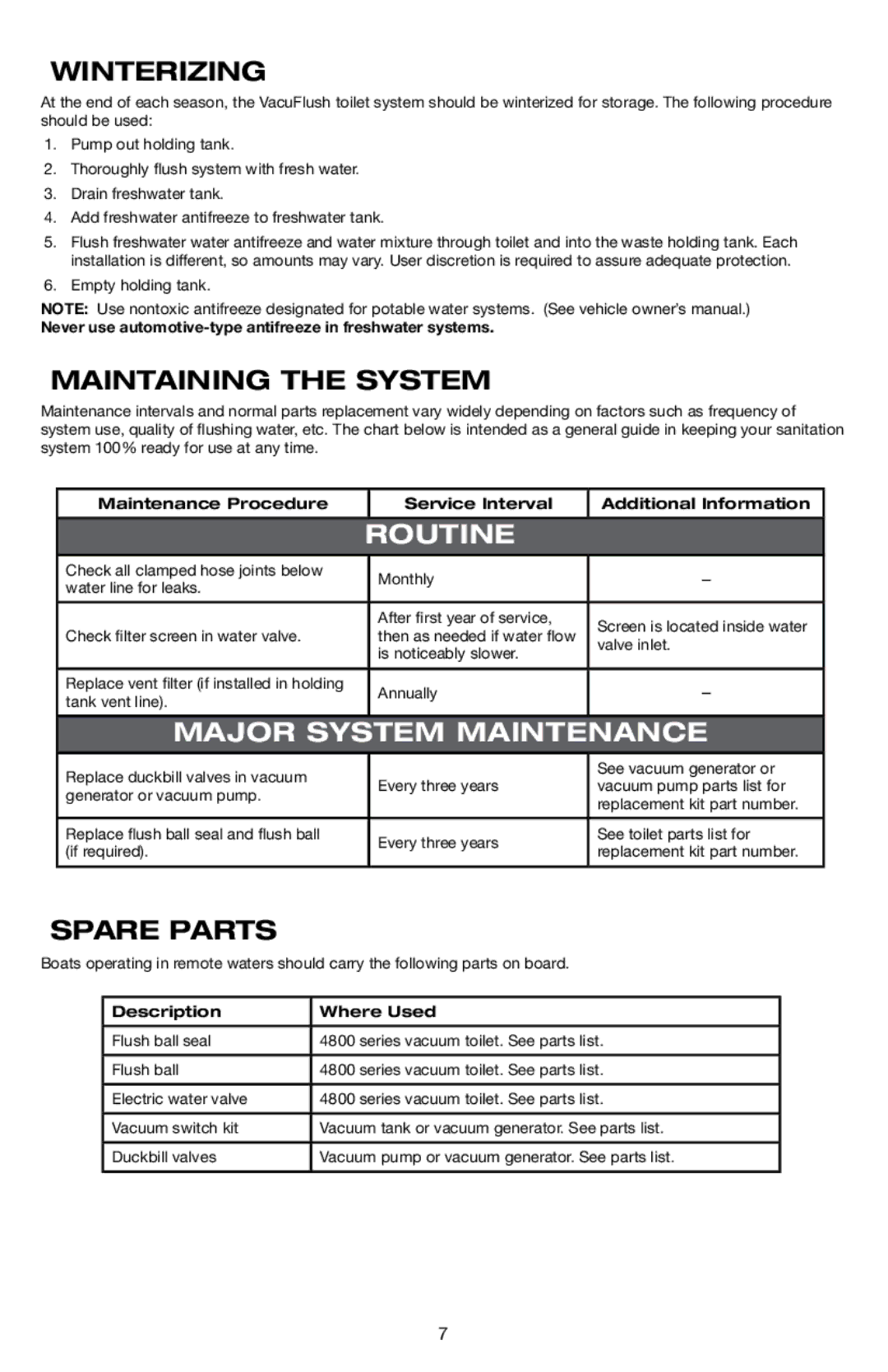 Dometic 4806, 4809, 4848 specifications Winterizing, Maintaining The System, Spare Parts 