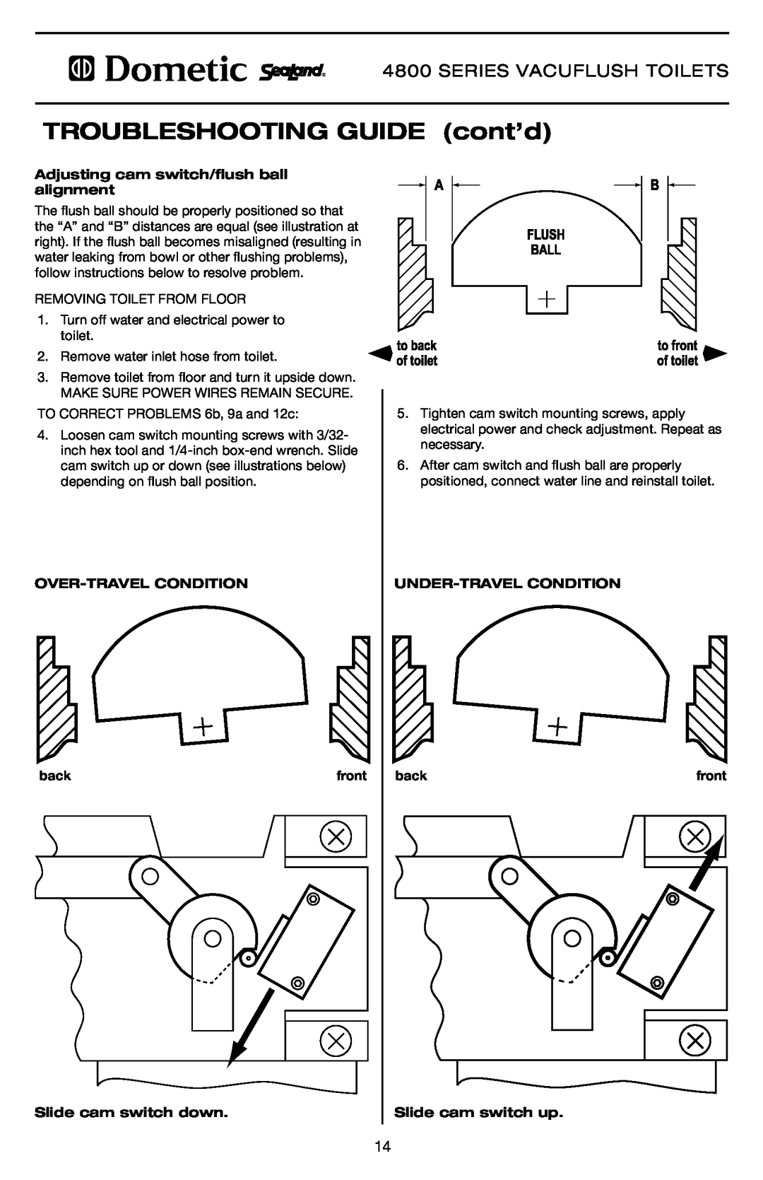 Dometic 4848 Troubleshooting Guide cont’d, Adjusting cam switch/flush ball alignment, Over-Travel Condition, back, front 