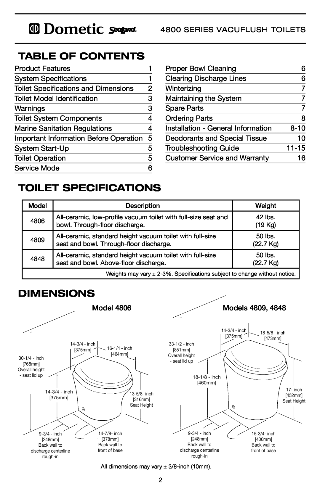 Dometic 4848, 4809, 4806 specifications Table of Contents, Toilet Specifications, Dimensions 