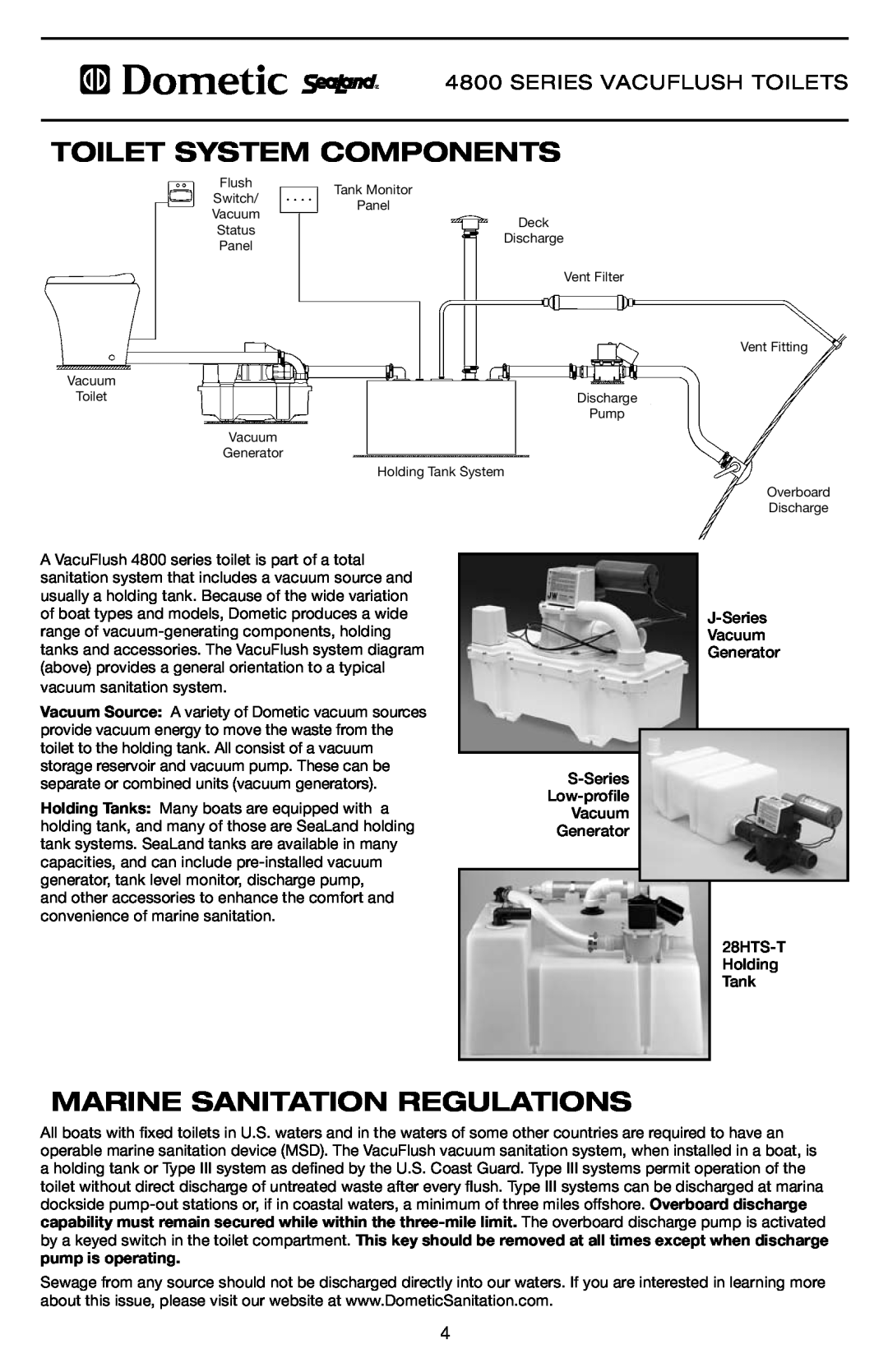 Dometic 4806, 4809, 4848 specifications Toilet System Components, Marine Sanitation Regulations 