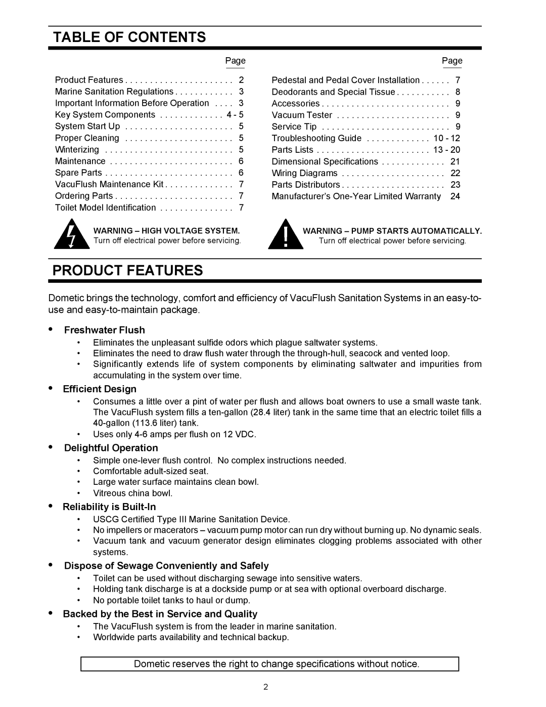 Dometic 500Plus Series, 1000 Series owner manual Table of Contents, Product Features 