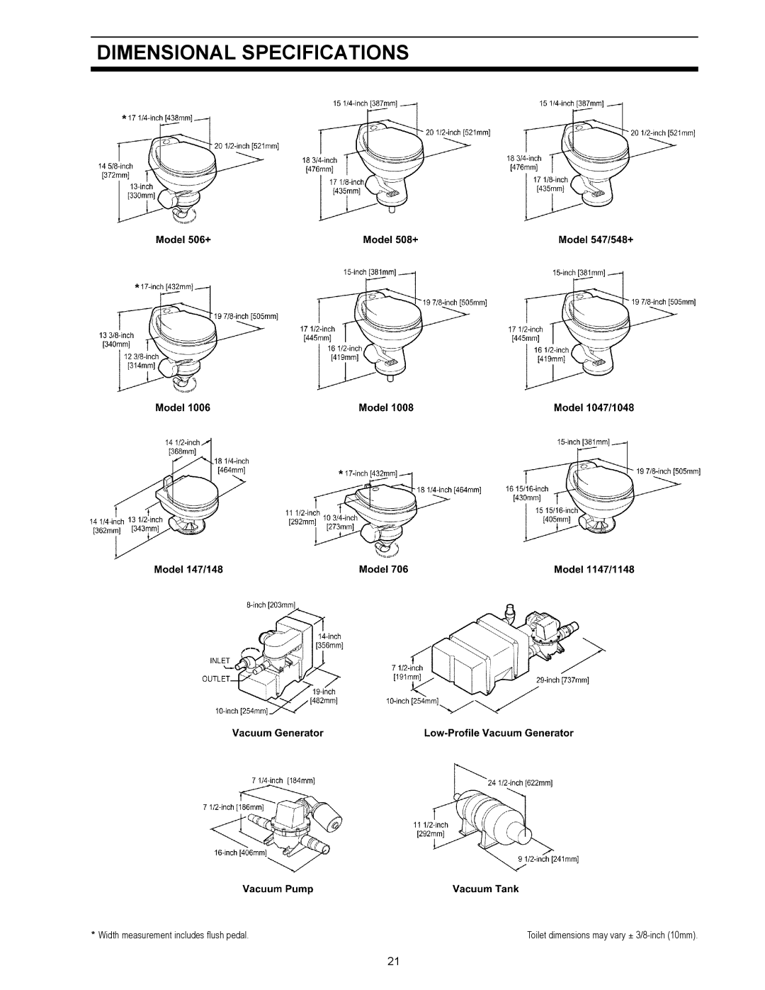 Dometic 1000 Series, 500Plus Series owner manual Dimensional Specifications 