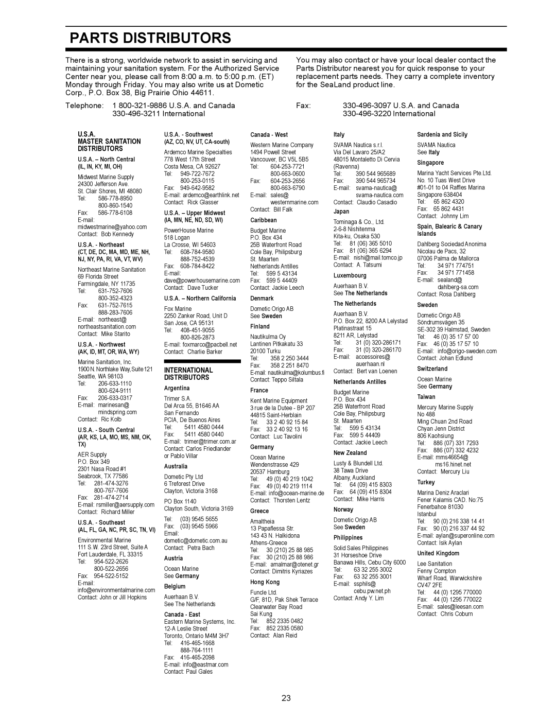 Dometic 1000 Series, 500Plus Series owner manual Parts Distributors, Master Sanitation Distributors 