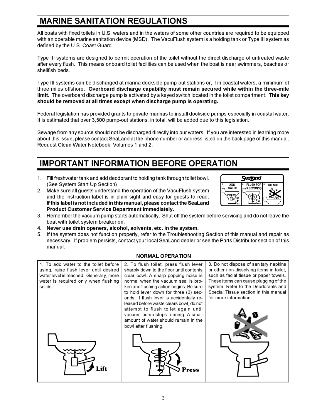 Dometic 1000 Series, 500Plus Series owner manual Marine Sanitation Regulations, Important Information Before Operation 