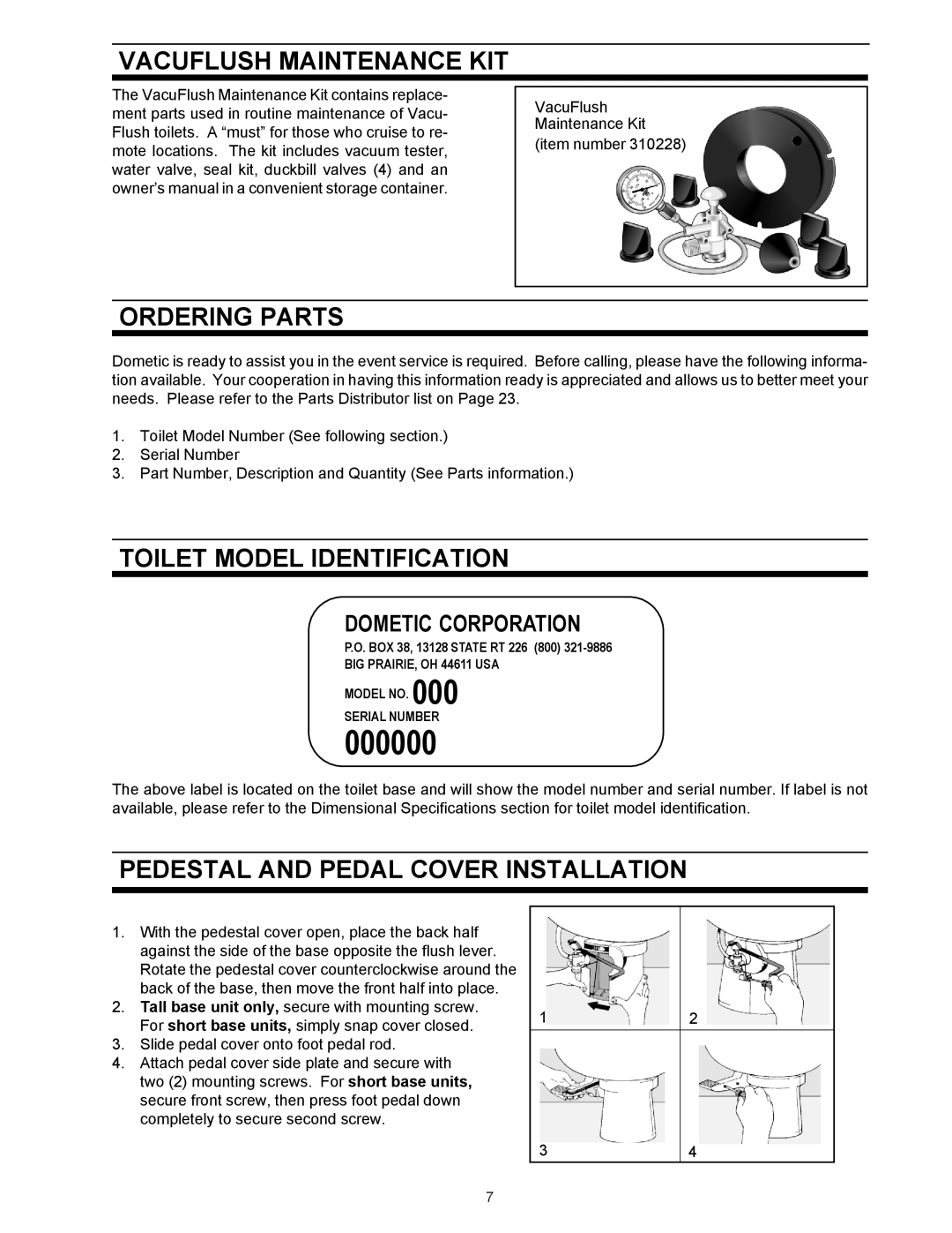 Dometic 1000 Series, 500Plus Series owner manual Vacuflush Maintenance KIT, Ordering Parts, Toilet Model Identification 