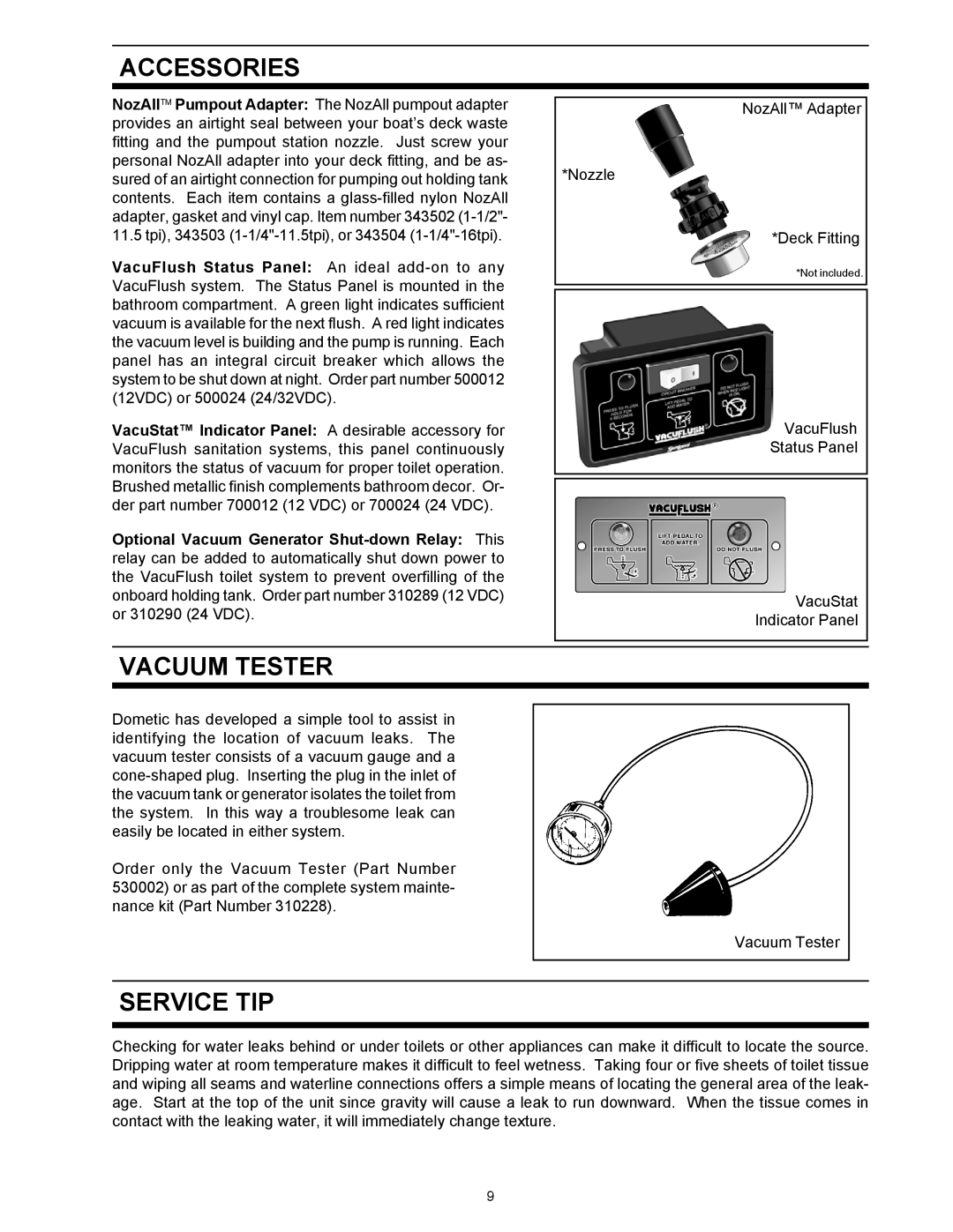 Dometic 1000 Series, 500Plus Series owner manual Accessories, Vacuum Tester, Service TIP 