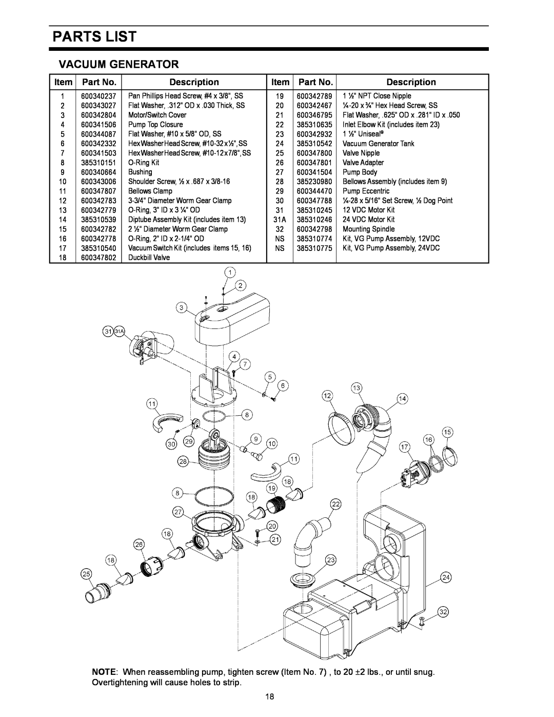 Dometic 500Plus Series, 1000 Series owner manual Vacuum Generator, Parts List, Description 