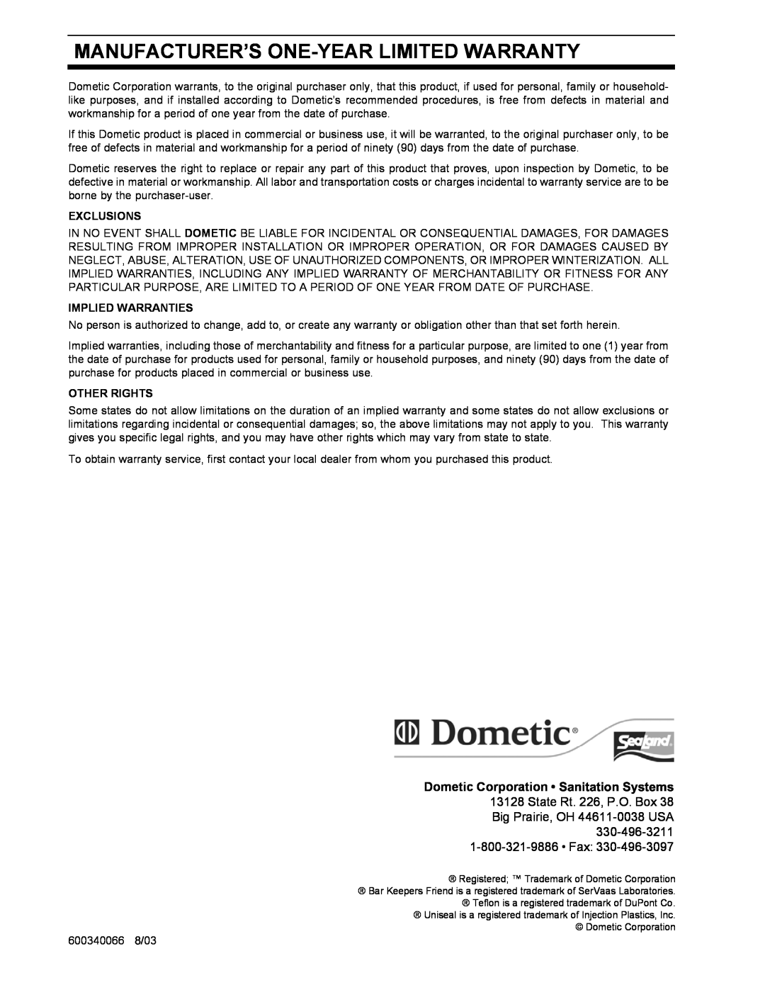 Dometic 500Plus Series, 1000 Series Manufacturer’S One-Yearlimited Warranty, Dometic Corporation Sanitation Systems 