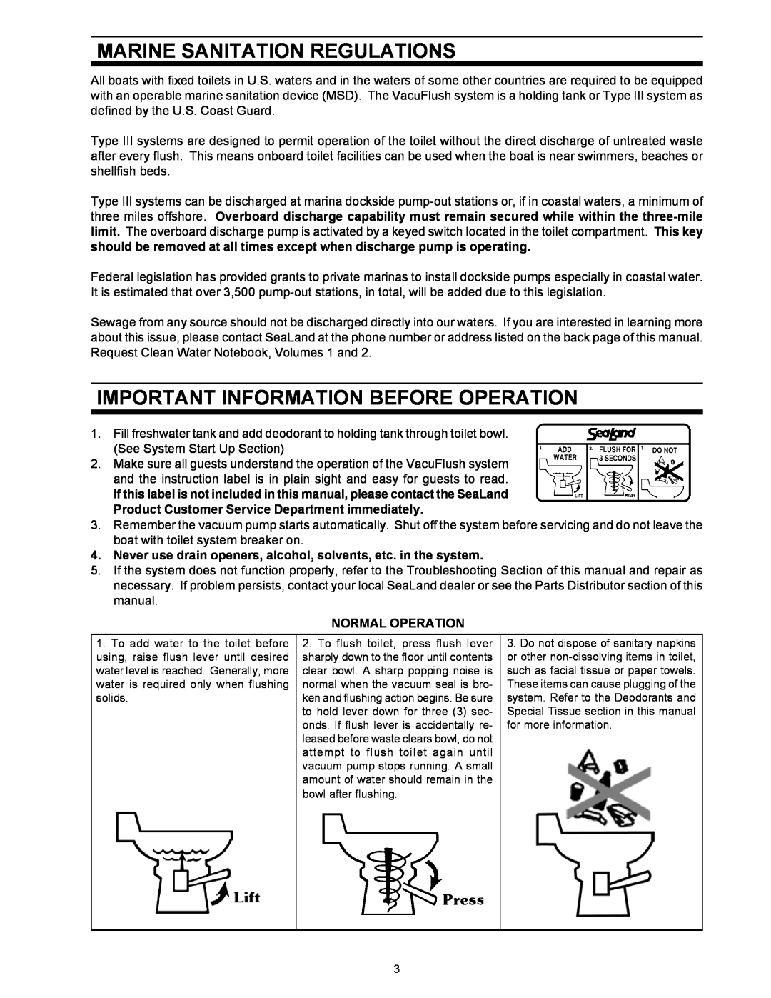 Dometic 1000 Series owner manual Marine Sanitation Regulations, Important Information Before Operation, Normal Operation 
