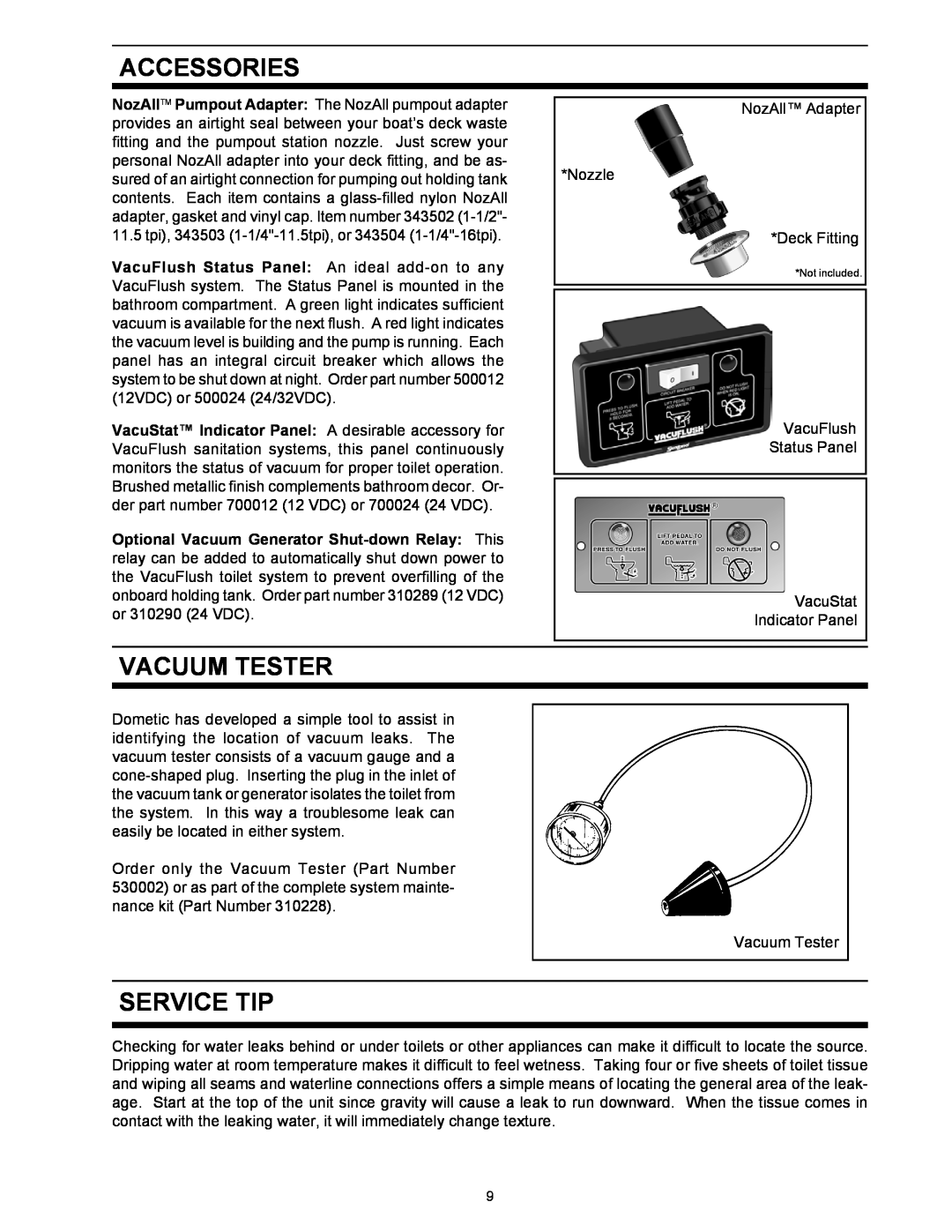 Dometic 1000 Series, 500Plus Series owner manual Accessories, Vacuum Tester, Service Tip 