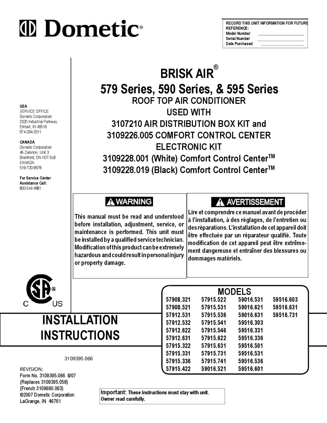 Dometic 590 SERIES installation instructions This manual must be read and understood, 57915.422 59016.521 59516.601 