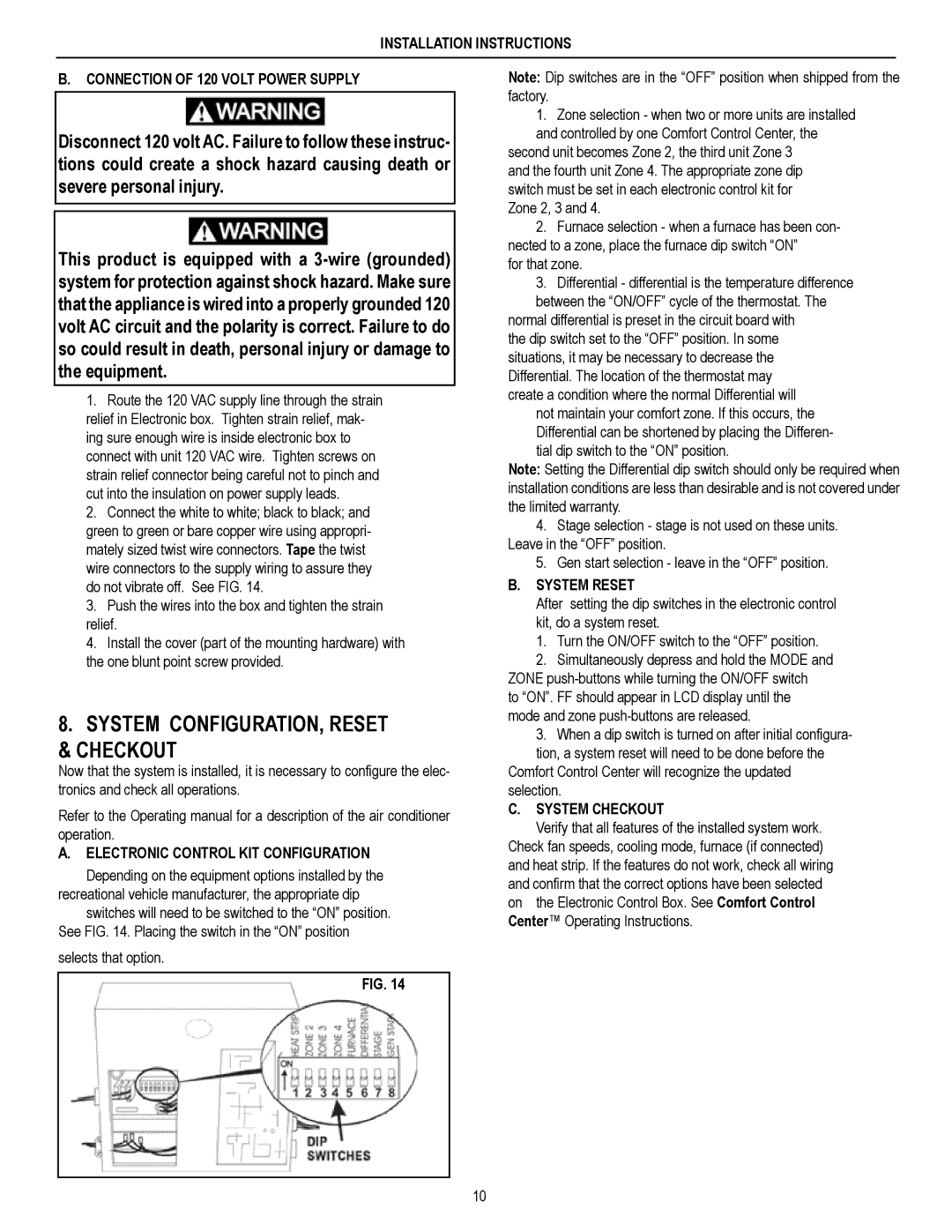 Dometic 590 SERIES, 579 SERIES System CONFIGURATION, Reset & Checkout, Electronic Control KIT Configuration, System Reset 