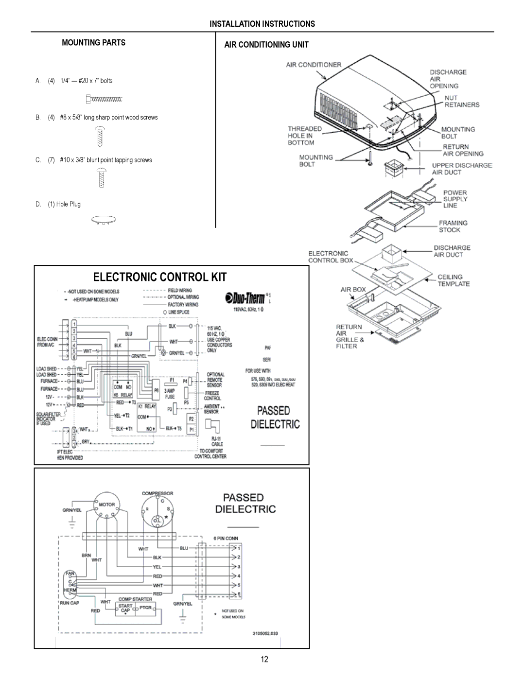 Dometic 579 SERIES, 590 SERIES Electronic Control KIT, Installation Instructions Mounting Parts, AIR Conditioning Unit 