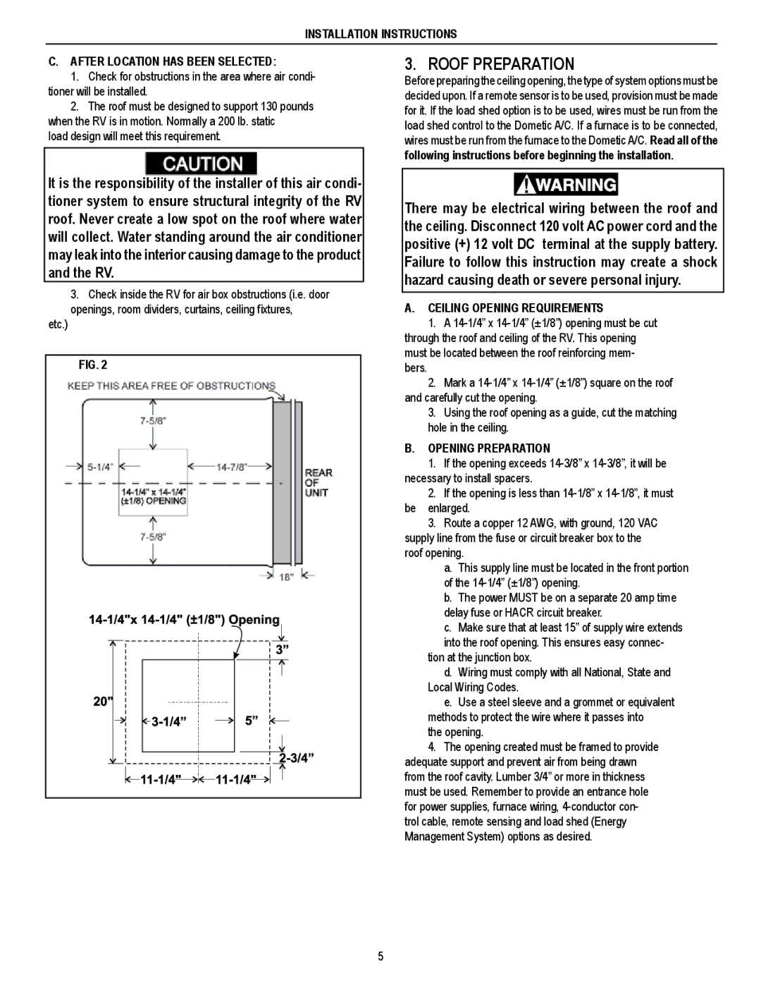 Dometic 595 SERIES Roof Preparation, Installation Instructions After Location has Been Selected, Opening Preparation 