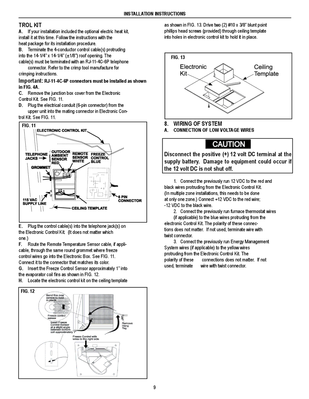 Dometic 579 SERIES, 590 SERIES, 595 SERIES Trol kit, Wiring of System, Connection of LOW Voltage Wires 