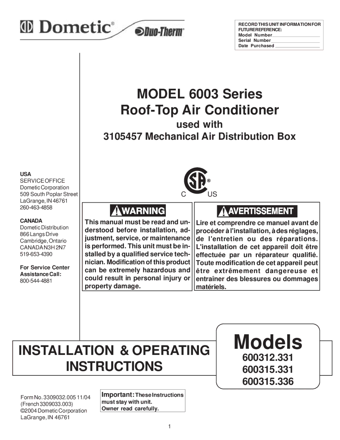 Dometic 600315.336 operating instructions Lire et comprendre ce manuel avant de, Derstood before installation, ad 